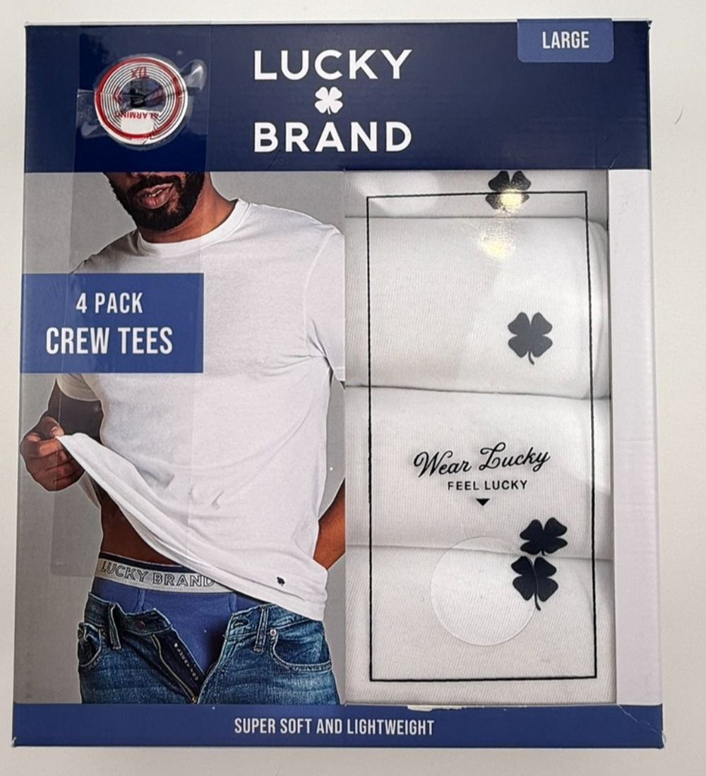 4 PACK LUCKY BRAND WHITE CREW TEES SUPER SOFT SZ LARGE NWT